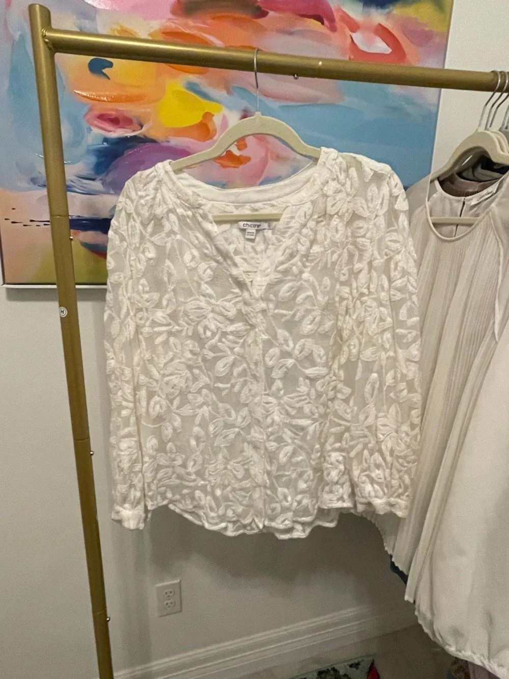 Chico's White Floral Long-Sleeve Dress Shirt Large date night wedding‎ dressy